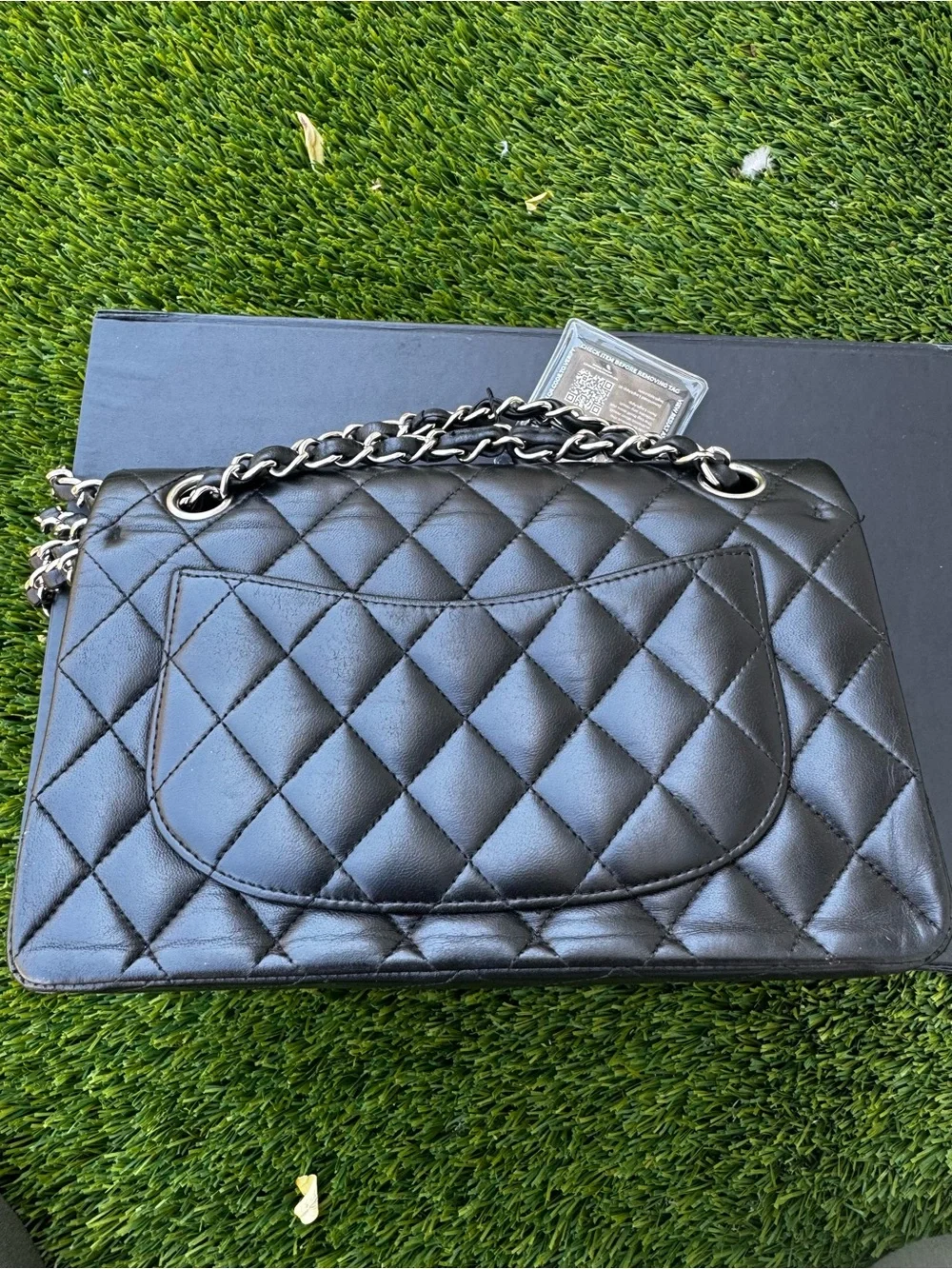 CHANEL Black Quilted Lambskin Shoulder Bag with Silver CC Lock